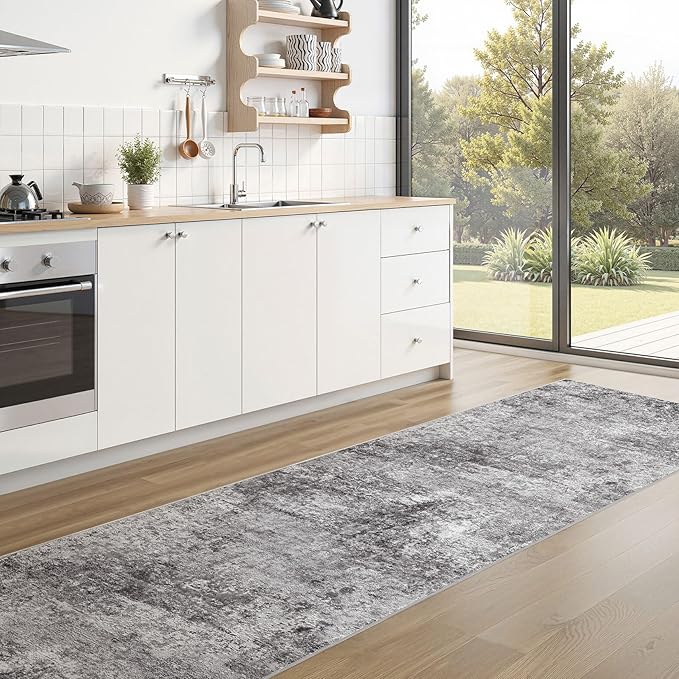 Washable Runner Rug for Hallway: 2.6x10 Neutral Modern Abstract Low Pile Area Rug with Non-Slip Backing - Carpet for Bedroom Kitchen Laundry Entryway Bathroom Indoor - Grey