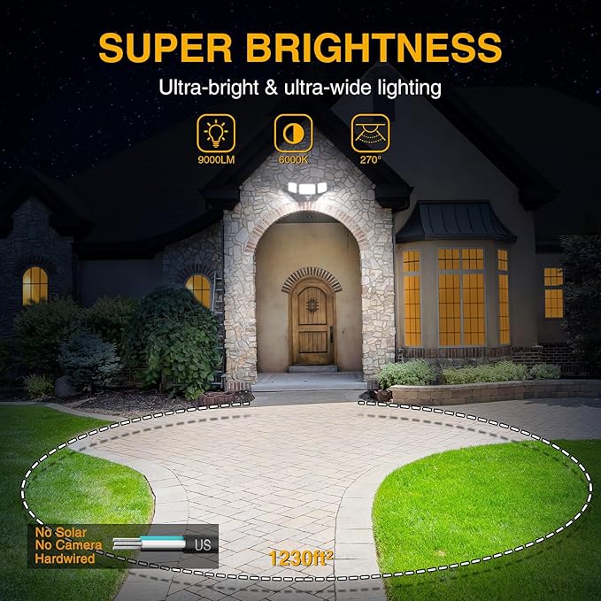 Onforu 100W LED Security Lights Motion Sensor Light Outdoor, 9000LM Ultra Bright, 6000K, IP65 Waterproof Flood Light Motion Detector with 3 Head, Exterior Floodlight Wall Light for Entryway, Garage