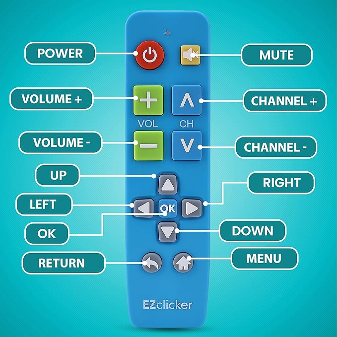 EZclicker Plus Big Button Universal TV Remote (Blue) Simple Easy to Use, Works with Major TV Brands (2xAAA Batteries Not Included)