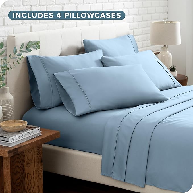 Bare Home Hotel Luxury Full XL Sheet Set, Extra Soft - 6 Piece Set - Deep Pockets - Easy Fit - Cooling & Breathable - Wrinkle, Fade, Stain Resistant - Includes 4 Pillowcases (Full XL, Light Blue)
