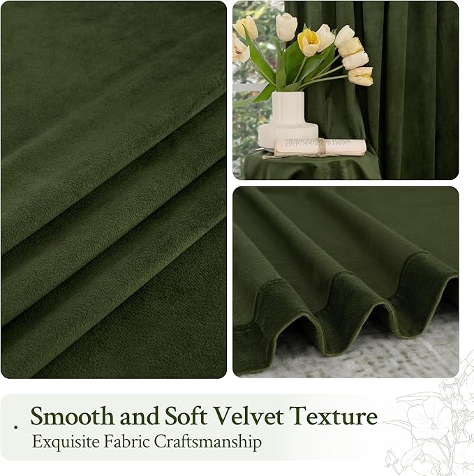 LAMIT Olive Green Velvet Curtains 108 Inch Length for Living Room, Thermal Insulated Blackout Curtains Luxury Room Darkening Back Tab and Rod Pocket Window Drapes for Bedroom, 2 Panels, 52 x 108 Inch