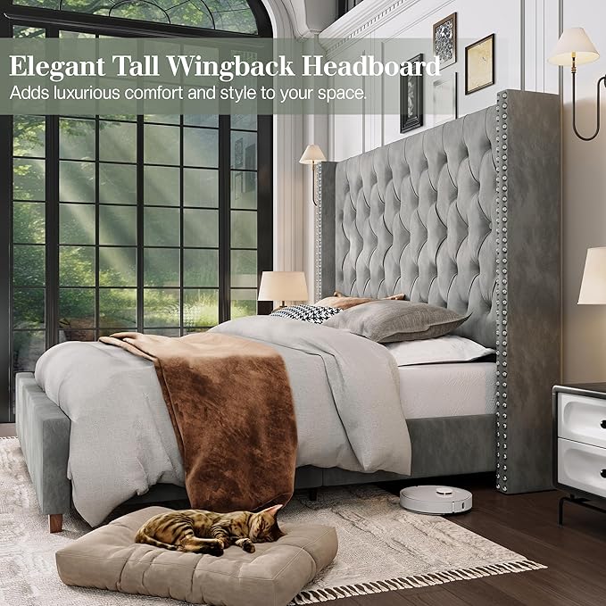 Jocisland King Size Bed Frame with 61.4" Tall Headboard, Velvet Upholstered Wingback Platform Design, Handcrafted Pleats& Deep Button Tufted, Solid Wood Legs, No Box Spring Needed, Gray