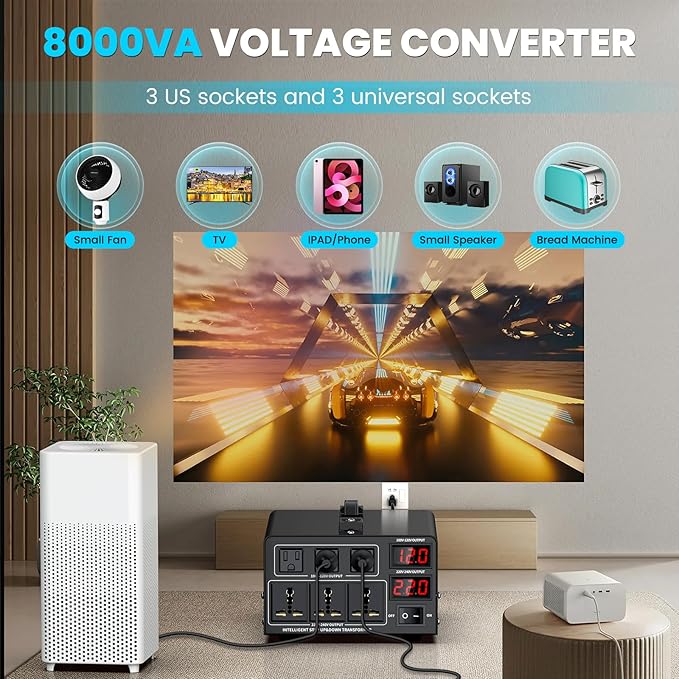8000W Voltage Converter Transformer(110V to 220V or 220V to 110V) Step Up/Down Converter 110/120 Volt - 220/240 Volt w/US Power Cord,Circuit Breaker Protection, LCD Screen Display