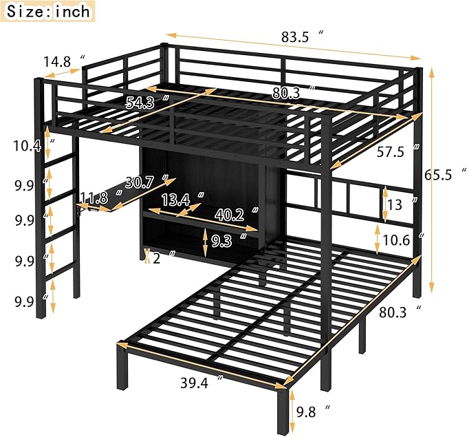 Full XL Over Twin Metal Bunk Bed with Folding Desk, Closet with LED,Space-Saving/Noise Reduced, Black