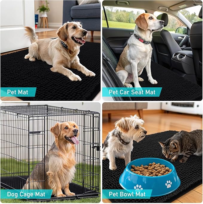 OLANLY Dog Door Mat for Muddy Paws 47x20, Absorbs Moisture and Dirt, Absorbent Non-Slip Washable Doormat, Quick Dry Chenille Mud Mat for Dogs, Entry Indoor Entryway Carpet for Inside Floor, Black