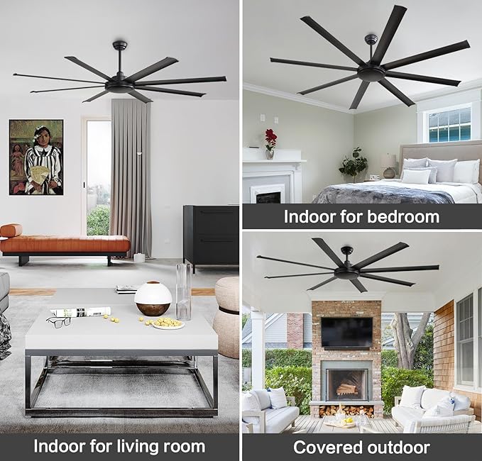 WINGBO 80 Inch Industrial Ceiling Fan without Light, 8 Aluminum Blades Ceiling Fan No Light, 6-Speed Reversible Noiseless DC Motor for Kitchen Bedroom Living Room, Matte Black