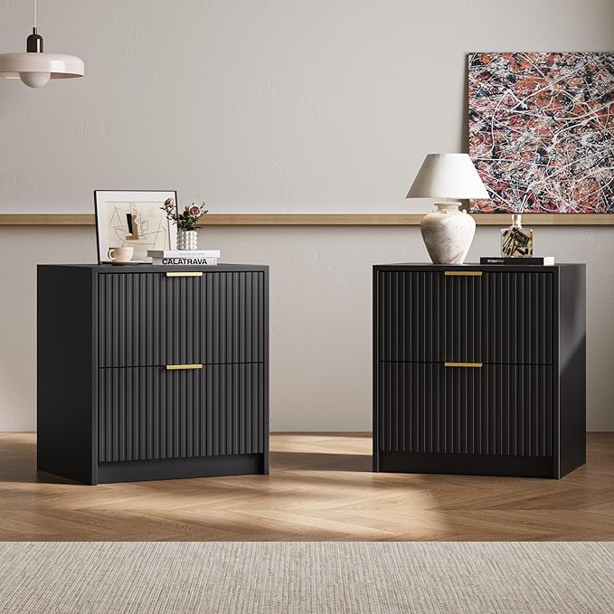 Set of 2 Fluted Nightstand with 2 Drawers, Modern Storage Bedside Table with Golden Metal Handles, Wooden End Table for Bedroom, Black