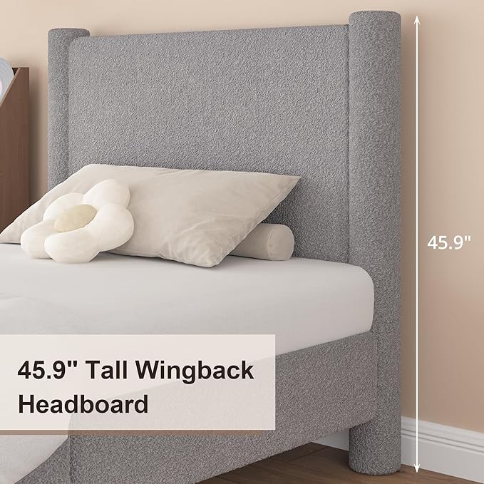 King Size Bed Frame, Boucle Upholstered Platform Bed with Headboard and Footboard, Soft Rounded Corners, No Box Spring Required, Easy Assembly, Light Grey