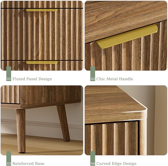 LYNSOM Fluted 5 Drawers Dresser, 45" Tall Modern Chest of Drawers with Curved Profile Design and Metal Handle, Wood Drawer Organizer for Bedroom, Living Room, Hallway, Entryway, Walnut