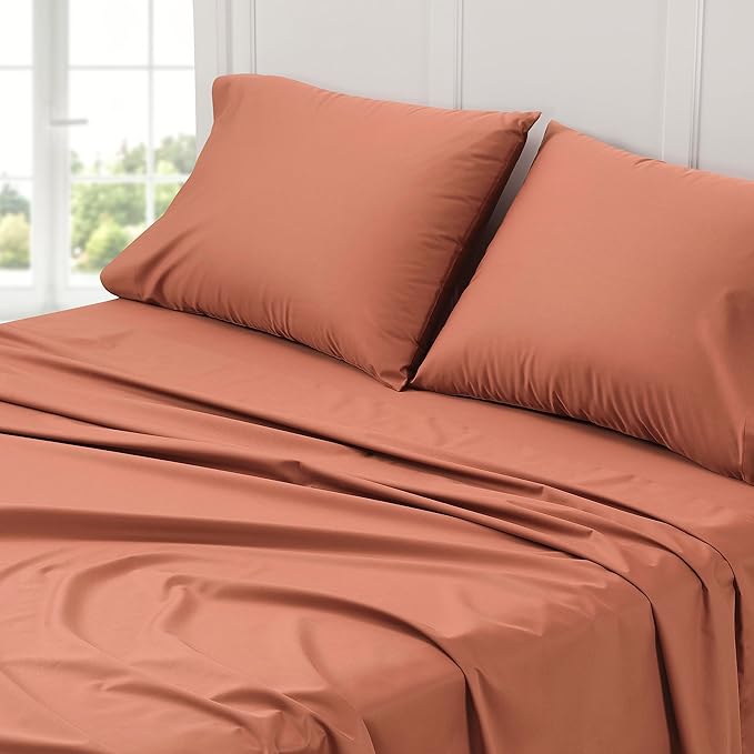 Cuddledown Dreamstead 100% Cotton Bed Sheets Set | 300 Thread Count | Luxurious Sateen Weave | Pure Combed Cotton | Soft | Wrinkle Resistant | 4 Piece Set | Red Sand | Queen | 60” x 80”