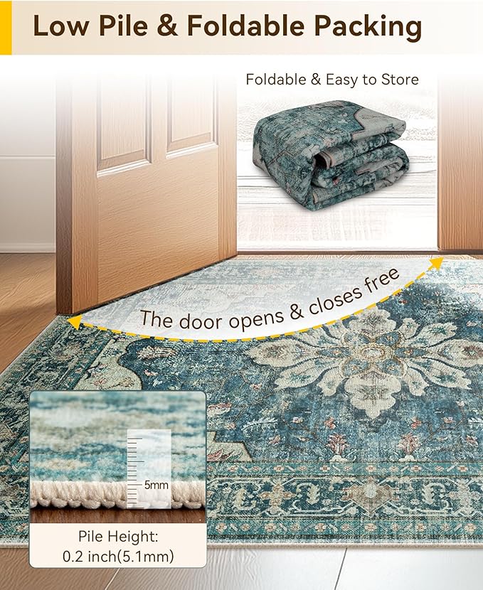 Area Rugs 2'x9' Washable Non-Slip, Floral Vintage Distress Print Pattern Medallion Carpet for Living Room Bedroom Dining Room, Dark Blue Vintage