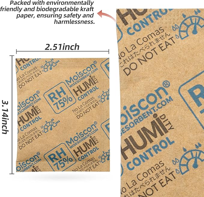 Wisesorb 75% RH 8 Gram 60 Pack Two-Way Humidity Control Packs for Storing Up to 5 Items, Size 8 Moisture Control Packets Individually Wrapped for Small Non-Plastic Travel Cases