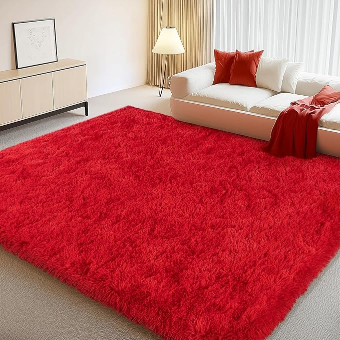 5x7 Red Rugs for Bedroom, Soft Fluffy Shaggy Rugs for Living Room, Non-Slip Modern Indoor Fuzzy Shag Floor Rug for Home Decor Aesthetic