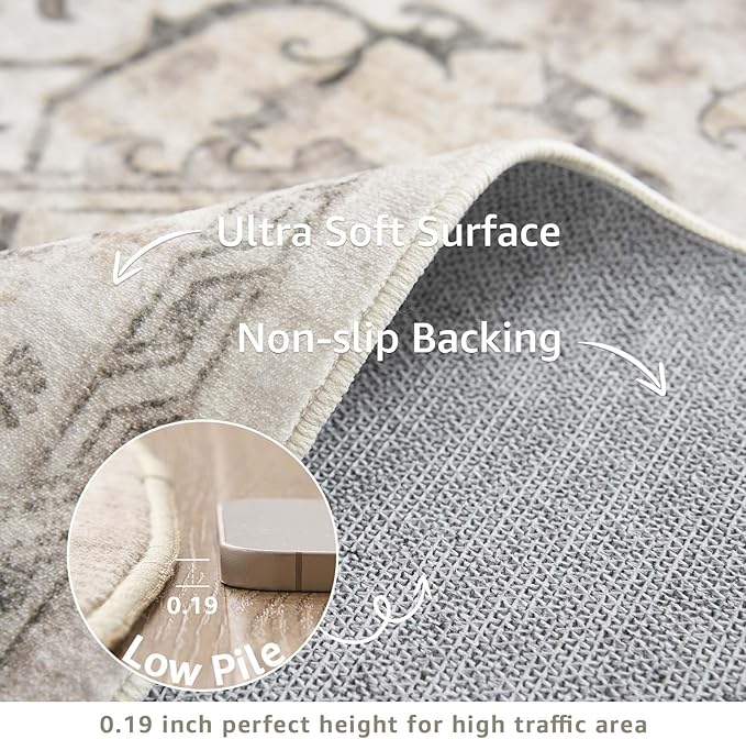 jinchan Round Rug 5ft Area Rug Indoor Vintage Floral Circle 5' Washable Ultra-Thin Low Pile Soft Small Non Slip Distressed Print for Living Room Dining Room Bedroom Entryway Taupe