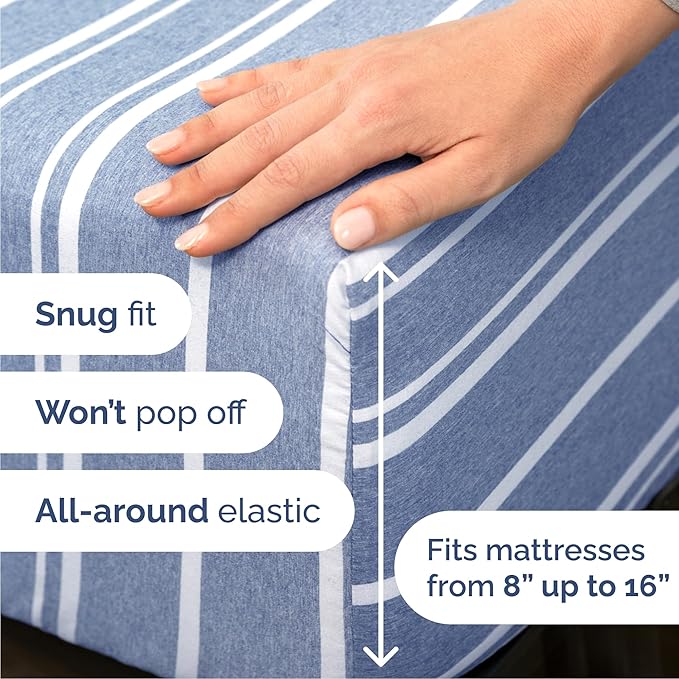 Cal King 6 Piece Sheet Set - Cooling & Breathable - Hotel Luxury Bedding, Includes Fitted Sheet for Women, Men, Kids & Teens - 1 Flat, 1 Fitted Sheet, 4 Pillowcases with Deep Pockets - Blue Stripes