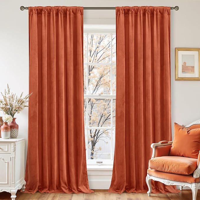 LAMIT Velvet Curtains 90 Inch for Living Room, Thermal Insulated Room Darkening Panels Rustic Vintage Noise Reducing Window Drapes with Back Tab and Rod Pocket, 2 Panels, Terracotta, 52 x 90 Inch