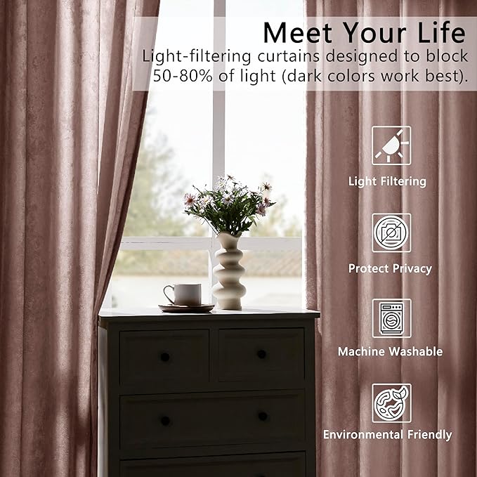 SMILETIME Pink Crushed Velvet Curtains 52x96inch Rod Pocket Luxurious Thermal Insulated Soundproof Drapes Soft and Durable Light-Filtering Window Treatments for Living Room Bedroom, 2 Panels