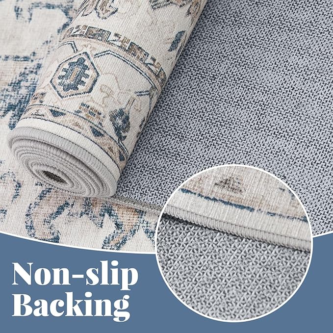 jinchan Lima 9x12 Machine Washable Area Rugs for Living Room - Vintage Floral Stain Resistant Low Pile Ultra-Thin Non Slip Accent Rug for Bedroom Kitchen Dining Room Home Office (9x12ft, Blue)