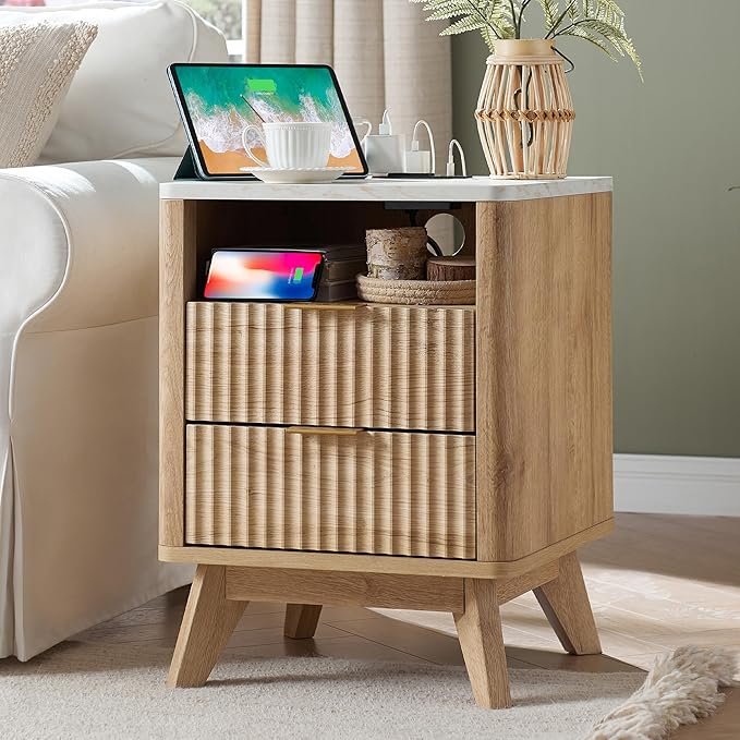 T4TREAM Fluted Nightstand Set of 2 with Charging Station, 18" Modern Side Table with Faux Marble Top, 2 Drawer End Table w/Storage, BedsideTable for Bedroom, Living Room, Curved Profile, Natural Oak