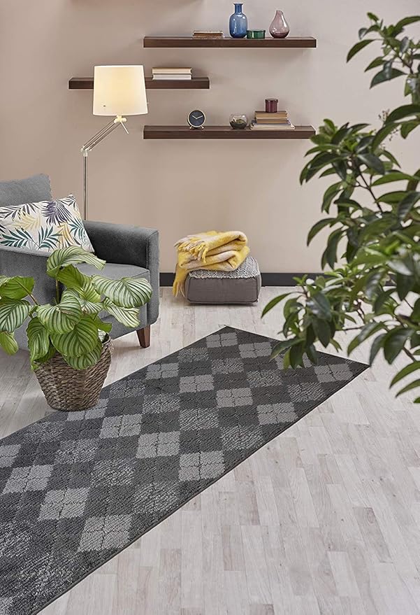 Custom Length Hallway Runner Rug,Slip Resistant,Squares Anthracite, 26 Inch X 29 feet, Sold and Priced Per Foot