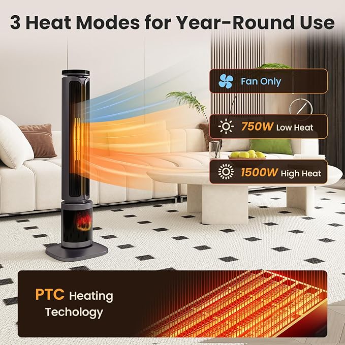 Zynkez 34.5" Space Heaters for Indoor Use Large Room, 1500W PTC Tower Fireplace Heater with 3D Flame, Room Heater w/Remote Control,12H Timer & Oscillation, Portable Electric Heaters for Bedroom, Grey