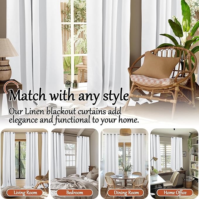 White Blackout Curtains for Living Room 90 Inch Length 2 Panels Set, Thermal Insulated Black Out Privacy Soundproof Grommet Farmhouse Linen Window Curtains for Bedroom Darkening, Each 52”Wide