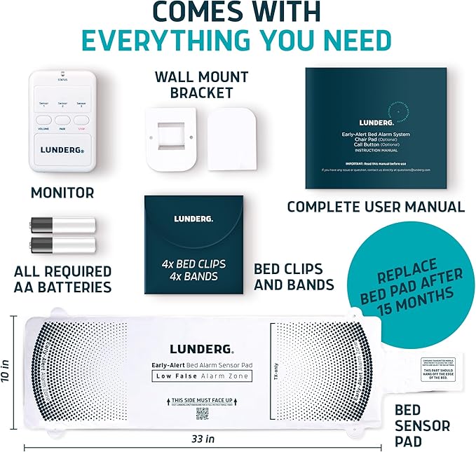 Lunderg Early Alert Bed Alarm for Elderly Adults - Wireless Sensor Pad & Pager - with Pre-Alert Smart Technology - Safety Bed Alarms and Fall Prevention for Elderly and Dementia Patients