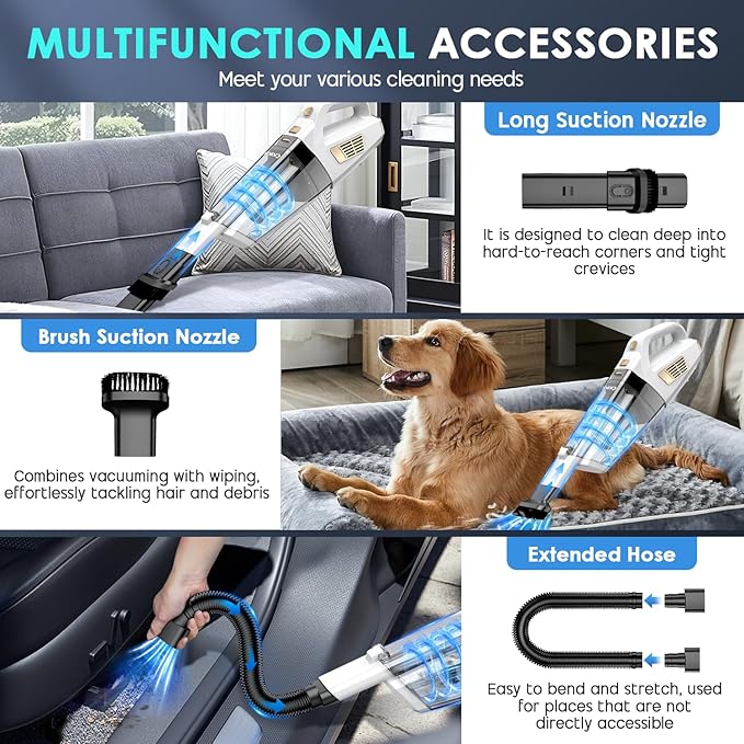 CKIKH Handheld Vacuum Cordless, 15000PA Strong Suction Hand Held Car Vacuum Cleaner Portable with Multi-Nozzles & Washable Filter, Lightweight Dust Busters Rechargeable for Home, Car, Office, Pets