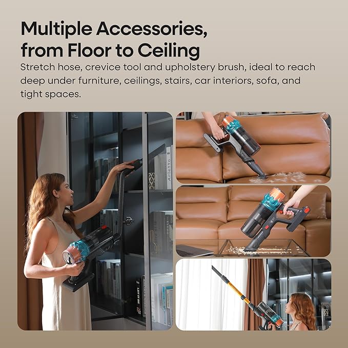 ElecKeys Cordless Vacuum Cleaner, 600W 50KPA 70Mins Self-Standing Vacuum Cleaners for Home, Stick Vacuum with Touch Screen, Upgraded Anti-Tangled Vacuum Cordless for Pet Hair, Floors, Carpets, Gold