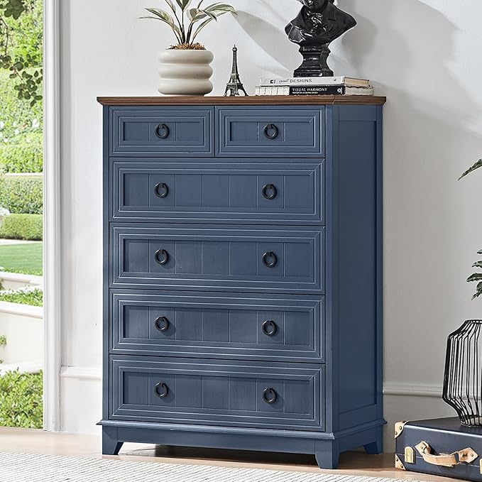 Farmhouse 6 Drawer Dresser for Bedroom Set of 2, 41" Tall Small Dressers & Chest of Drawers, Rustic Wood Dresser with Metal Handle, Storage Organizer Closet for Living Room, Hallway, Entryway
