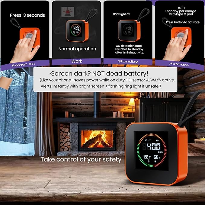 Portable Carbon Monoxide Detector for Travel – Nexus Sensus 3-in-1 CO Detector with Temp & Humidity Monitor, UL-Compliant USB-C Rechargeable Alarm for RV, Hotel, Camping, Home(1, Orange)