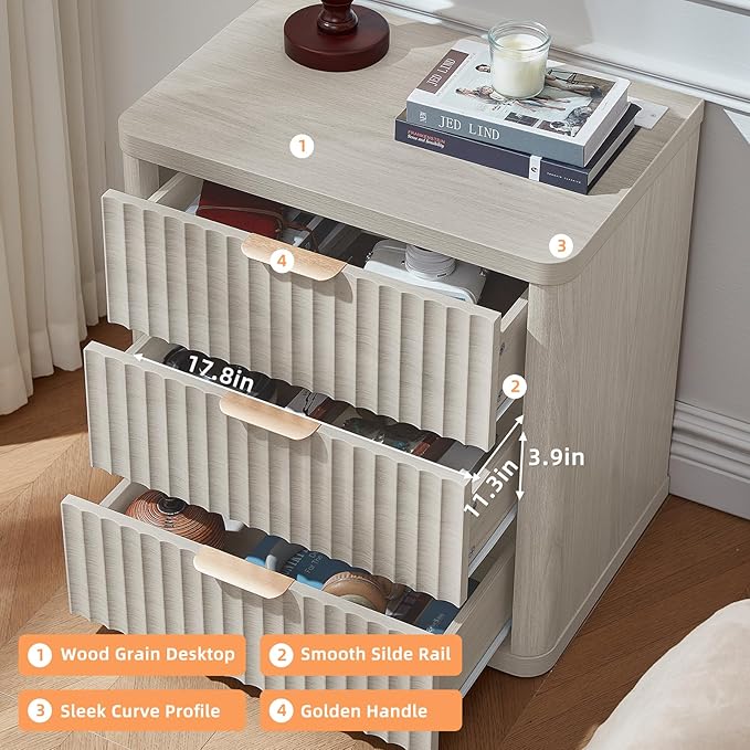 LEYAOYAO 23" Wide Fluted Night Stand with Charging Station, 3 Drawers Large End Table with Storage, LightGrey Nightstand Wood Bedside Tables, Farmhouse Cabinet Dresser for Bedroom, Closet