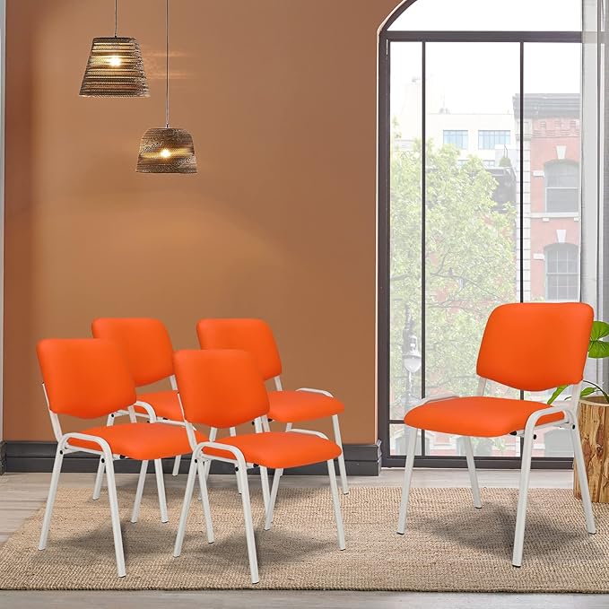 VINGLI Orange Waiting Room Chairs, 5-Pack PU Church Chairs Conference Stackable Office Guest & Reception Stacking for Meeting,Office Lobby, Simple&Space-saving Pu-orange