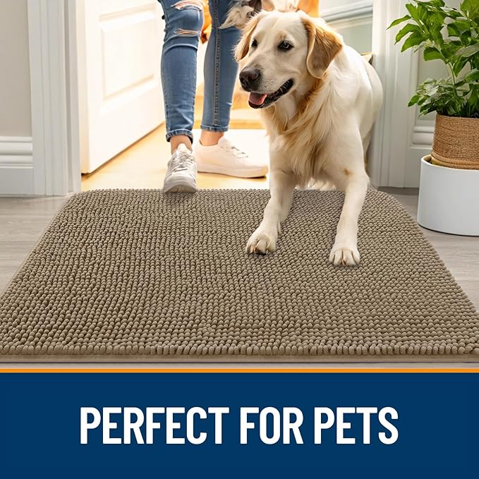 OLANLY Dog Door Mat for Muddy Paws 54x32, Absorbs Moisture and Dirt, Absorbent Non-Slip Washable Doormat, Quick Dry Chenille Mud Mat for Dogs, Entry Indoor Entryway Carpet for Inside Floor, Tan