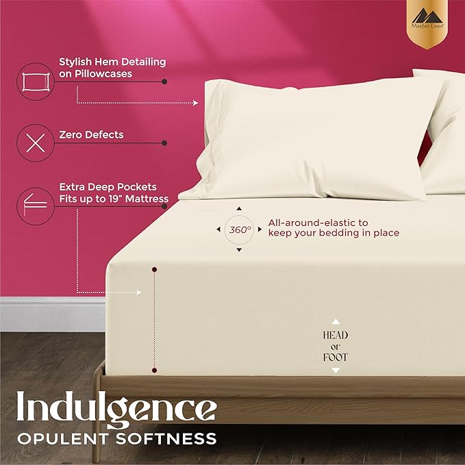 Mayfair Linen 100% Egyptian Cotton Full Size Bed Sheets - Luxury 1200 Thread Count Egyptian Cotton Sheets Full Size Bed Set (4 PC, Ivory), Silky Soft, Cooling, 17" Deep Pocket Sateen Weave Bedding
