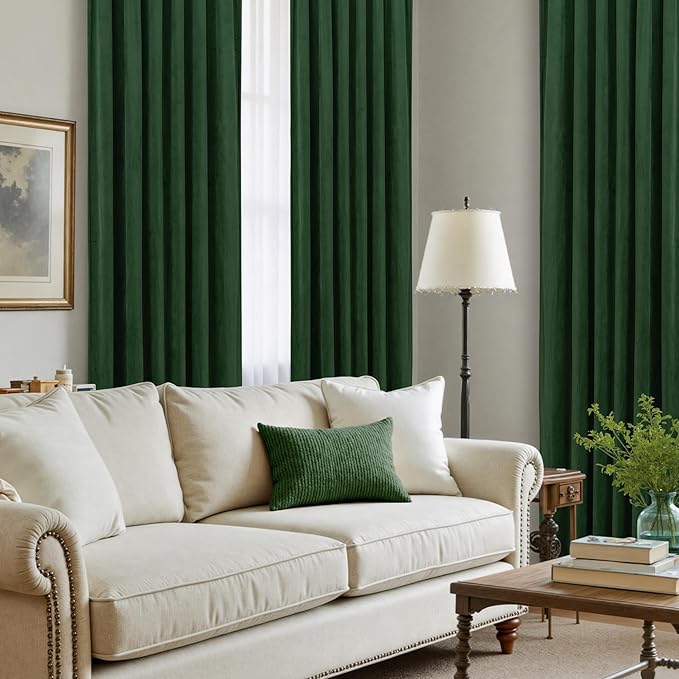 LAMIT Velvet Curtains 108 Inch for Living Room, Thermal Room Darkening Panels Noise Reducing Back Tab and Rod Pocket Christmas Drapes for Bedroom, Set of 2 Panels, Emerald Green, 52 x 108 Inch