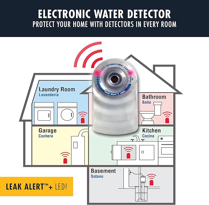 Zircon Leak Alert + LED! Water Leak Detector & Flood Sensor Alarm/Water Leak Sensor with Dual Leak Alarms 90dB Audio + Flashing LED lights/Battery Powered (5 Pack) Batteries Not Included, (72313)