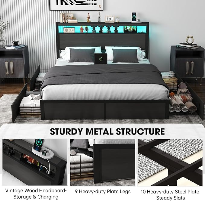 Fabuils Full Size Bed Frame with Storage, LED Wood Bed Platform with Headboard, 4 Drawers, Charging Station, No Box Spring Needed, Metal Support Base,Charcoal Grey