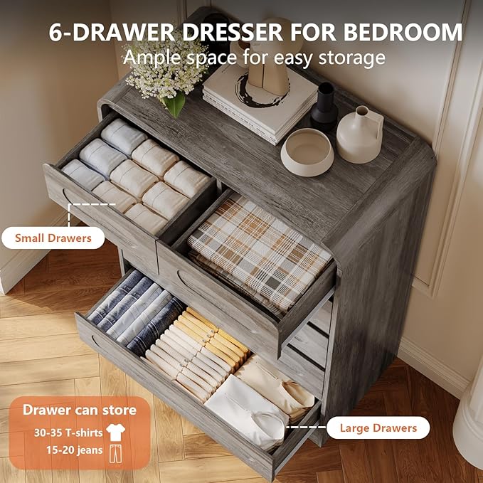 4 Pcs Bedroom Set, Dresser and Nightstand Sets, Modern Wooden Tall 6 Drawer Dressers, Wide 6 Drawers Dresser & Night Stand Set of 2 for Bedroom, Grey