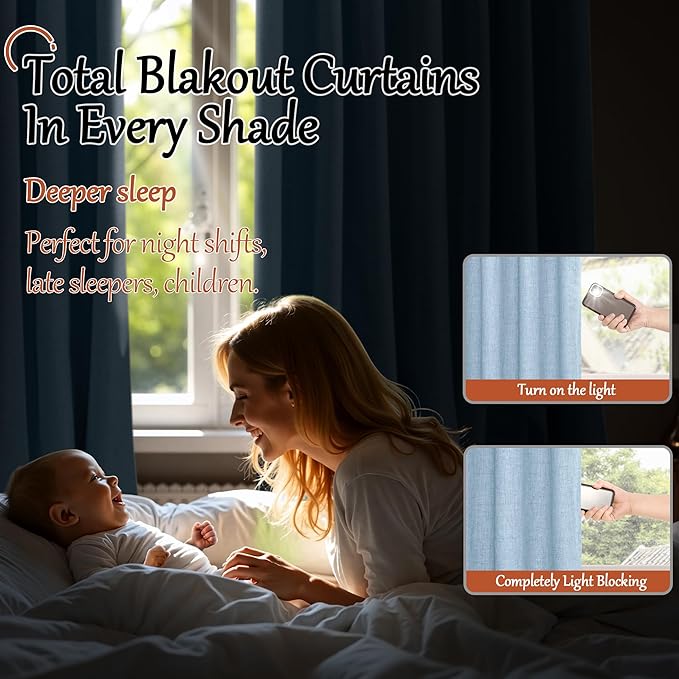 Baby Blue Linen Blackout Curtains for Nursery 95 Inch Length 2 Panels Set, Thermal Insulated Boho Total Black Out Noise Reducing Bonzer Grommets Window Curtains for Kids Bedroom, Each 52 Inch Wide