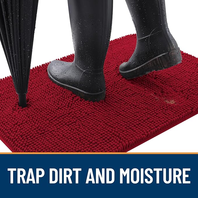 OLANLY Dog Door Mat for Muddy Paws 59x32, Absorbs Moisture and Dirt, Absorbent Non-Slip Washable Doormat, Quick Dry Chenille Mud Mat for Dogs, Entry Indoor Entryway Carpet for Inside Floor, Red