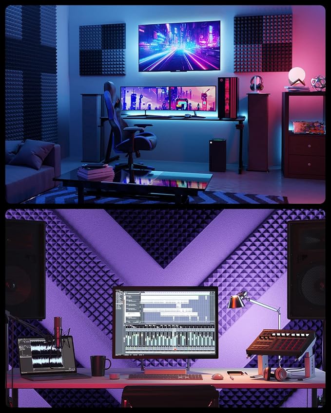 Sonicism Sound Proof Foam Panels for Walls Self-Adhesive 12 Pack Pyramid 12" X 12" X 1" Soundproof Wall Panels 35kg/m³High Density Acoustic Panels Fast Expand,Sound Absorption&Decoration,Black/Gray