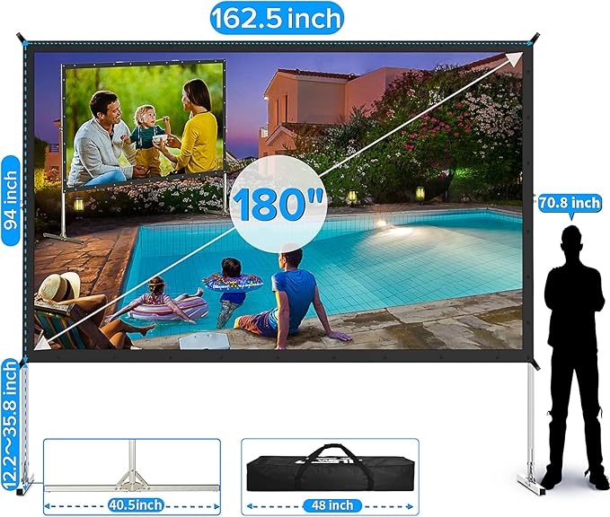 JWSIT 180 inch Projector Screen with Stand,Upgraded 3 Layers PVC 16:9 Large Outdoor Projector Screen,Portable Outdoor Movie Screen with Carrying Bag for Large Commercial Performance