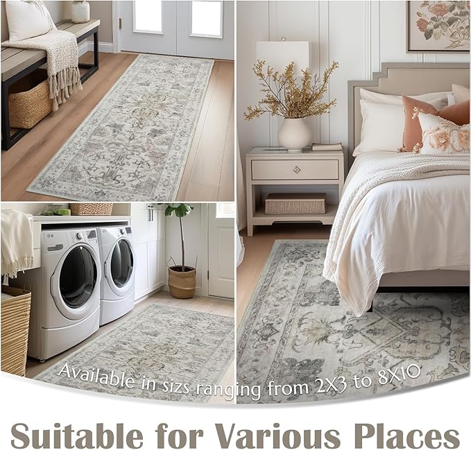 jinchan Runner Rug 2x6 Machine Washable Hallway - Vintage Floral Non-Slip Low-Pile Soft Ultra-Thin Kitchen Rug Distressed Carpet Runner for Farmhouse Bedroom Entryway Laundry Room(2x6ft, Taupe)
