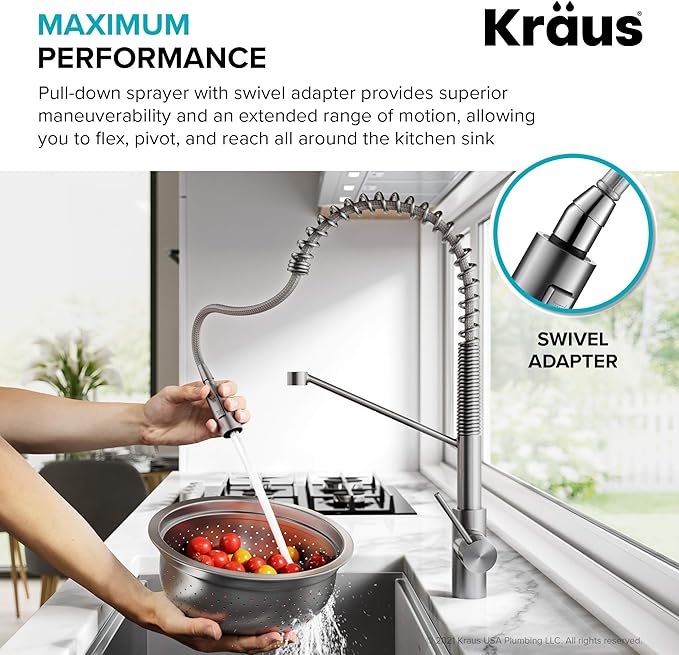 KRAUS Oletto Commercial Style Single Handle Pull Down Kitchen Faucet with QuickDock Top Mount Installation Assembly in Spot Free Stainless Steel, KPF-2631SFS