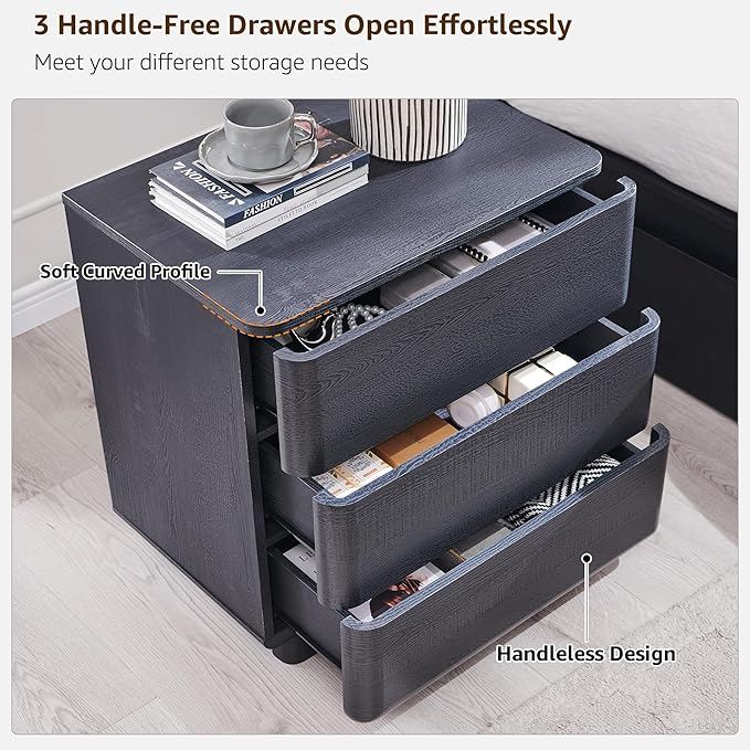 ACCOHOHO 22" Modern Nightstand Set of 2 with Charging Station, 3 Push-to-Open Drawers Bedside Table, Large End Table with Storage, Night Stand for Bedroom, Living Room, Curved Profile, Dark Black