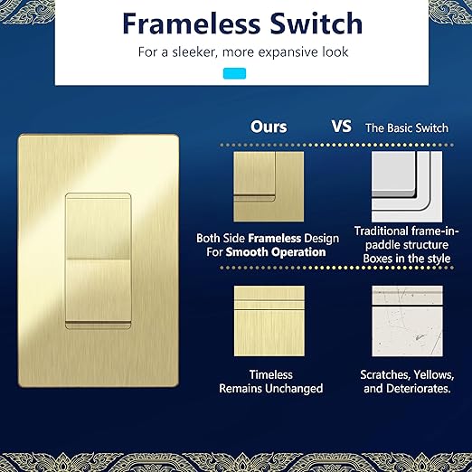 LIDER Brushed Gold Minimalist Decorator Switch with Screwless Wall Plate, Frameless Wall Light Switch, On/Off Rocker Switch, 3-Way or Single Pole, Residential Grade, UL Listed, 3 Wire, 15A 120-277VAC