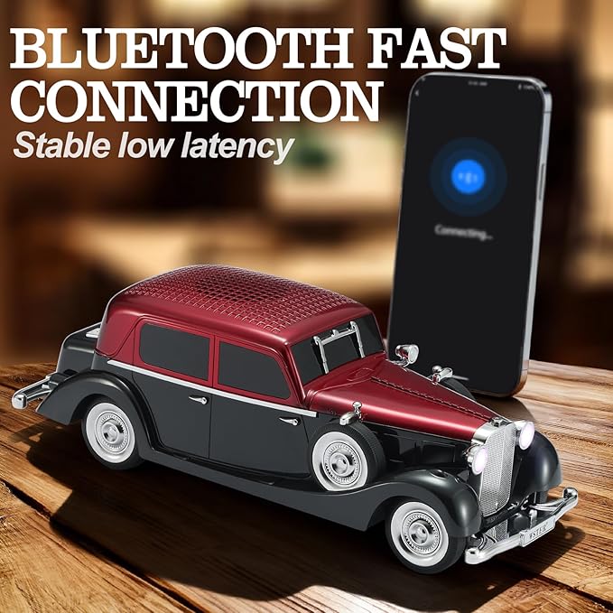WSTER Vintage Car Bluetooth Speaker, Retro Classic Model with Powerful Sound, Built-in Mic, TWS Dual Pairing, Multi-Interface Output, Portable Wireless Outdoor Speaker for Parties & Beach (RED)