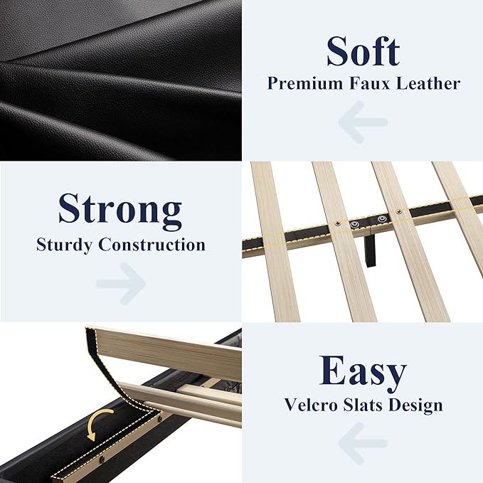 Allewie Full Size Bed Frame with Adjustable Headboard, Faux Leather Platform Bed with Wood Slats, Heavy Duty Mattress Foundation, No Box Spring Needed, Noise-Free, Easy Assembly, Black