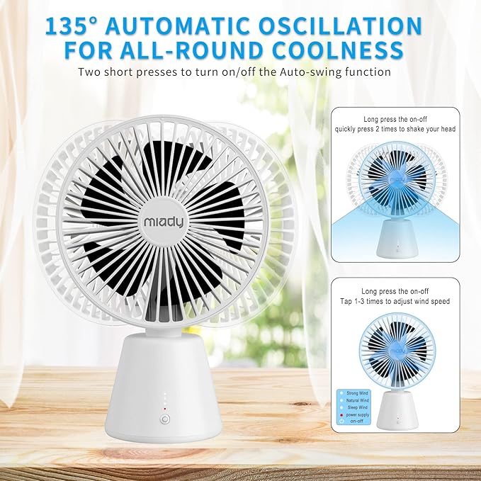 Miady USB Desk Fan, Upgraded 5000mAh Portable Desktop Fan 135°Auto-Oscillating 3 Speeds Mini Cooling Personal Table Fan for Home Office Travel Camping Outdoor